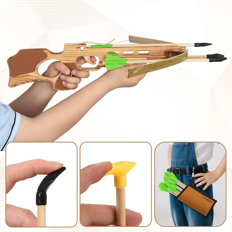 Basbon Crossbow Toy Set for Kids with 12 Handmade Wooden Arrows and Quiver, Cross Bow Archery Prop for Costume Cosplay, Halloween Party Role Play Gift for Boys and Girls, Green - Image 4